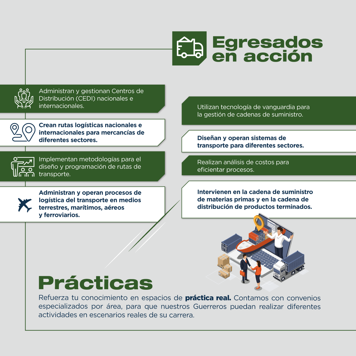 Como ingeniero en Logística del Transporte y Cadenas de Suministro estarás capacitado para llevar a cabo diversas actividades en el tan competido campo laboral. 